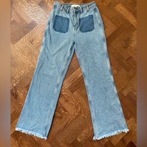 SEVENTY + MOCHI Mabel Patch Pocket Jeans Rodeo Vintage Wide Leg Raw Hem‎ 29